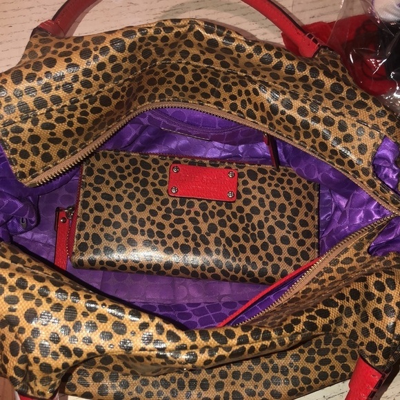 Kate Spade large black and tan leopard print handbag red leather with wallet - Picture 14 of 16